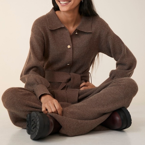 Mango Pants - Mango Belted Ribbed Knit Wide Leg Long Botton Up Sweater Jumpsuit Brown Sz L